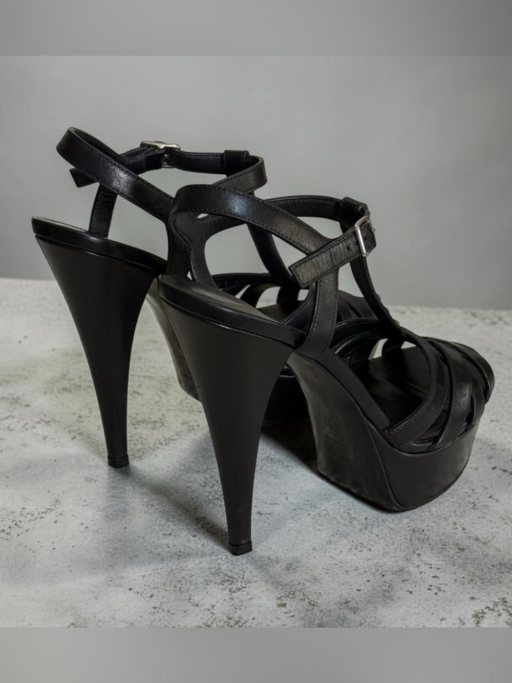 Saint Laurent Black Leather Platform T-Strap Studded Sandals Stiletto Heels! 37 - Picture 6 of 16